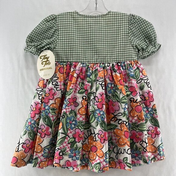 Tiny Tots Original Vintage Dress Girls Size 2T Gingham Floral Puff Sleeves Green - Picture 2 of 8